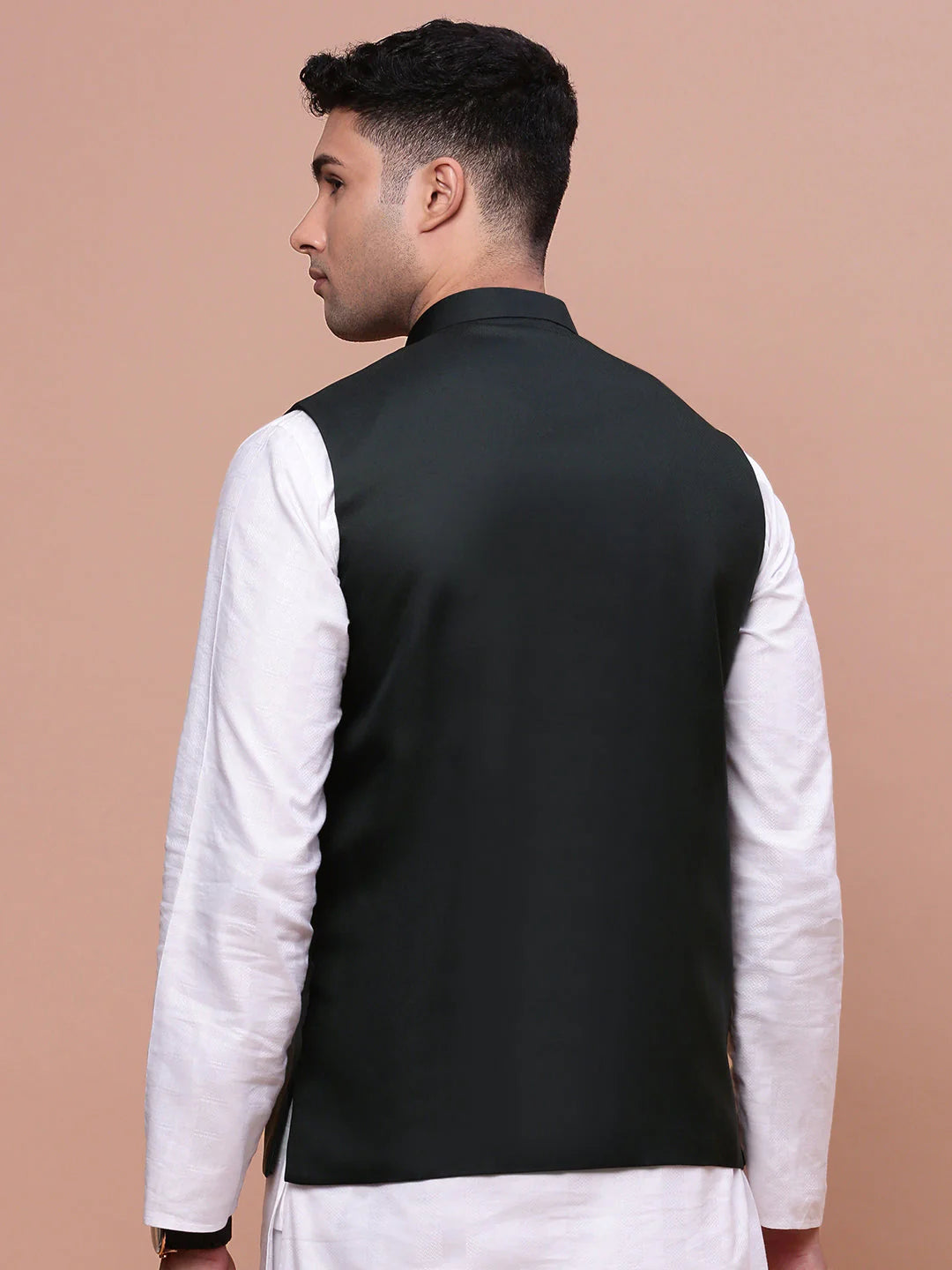 Schwarze Nehru Jacket Herren Slim Fit Rückenansicht Indische Weste