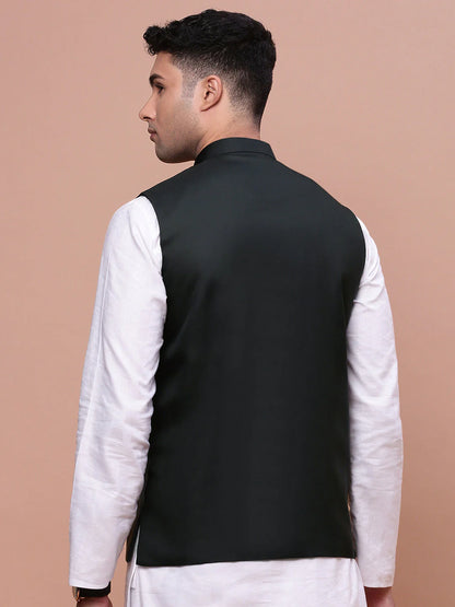 Schwarze Nehru Jacket Herren Slim Fit Rückenansicht Indische Weste