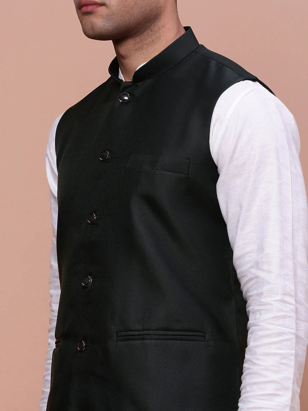 Schwarze Nehru Jacket Herren Slim Fit Seitenansicht Indische Weste