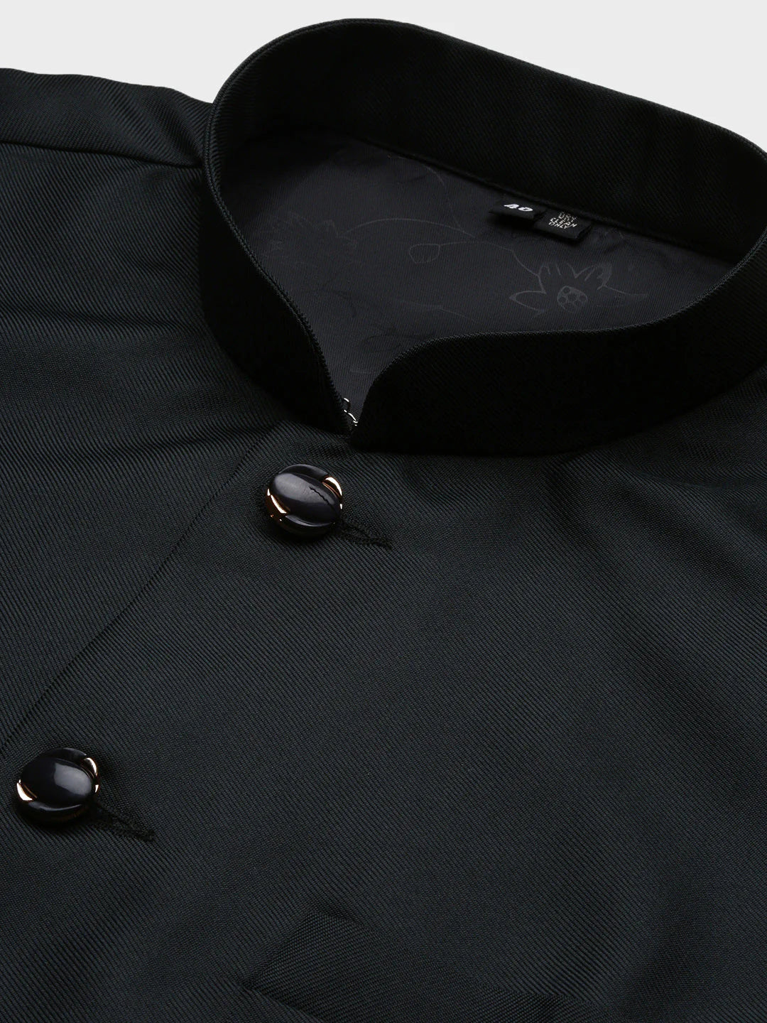 Schwarze Nehru Jacket Herren Slim Fit Detailaufnahme Kragen und Knöpfe Indische Weste