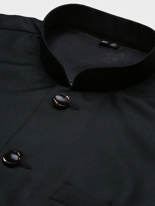 Schwarze Nehru Jacket Herren Slim Fit Detailaufnahme Kragen und Knöpfe Indische Weste
